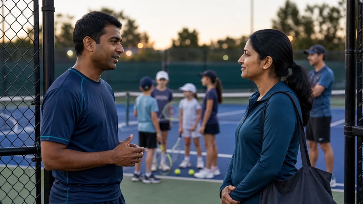 A parent having a brief conversation with a coach at an open court gate after a group session.