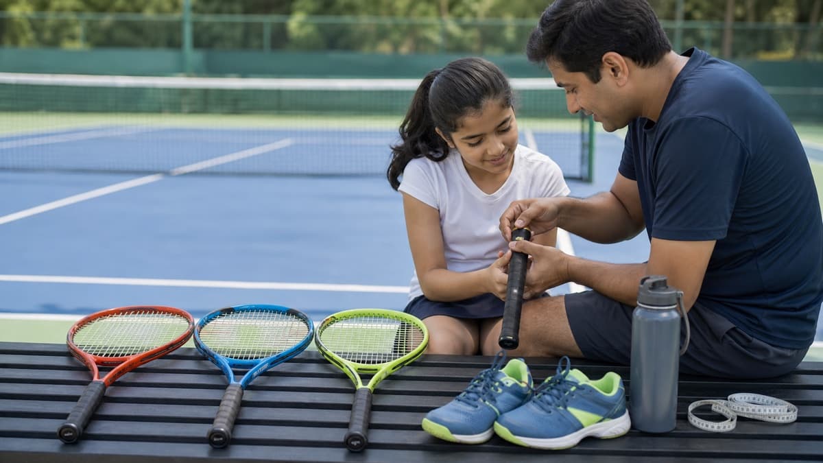 A parent and junior player comparing a racket grip beside several junior racket sizes and court shoes.