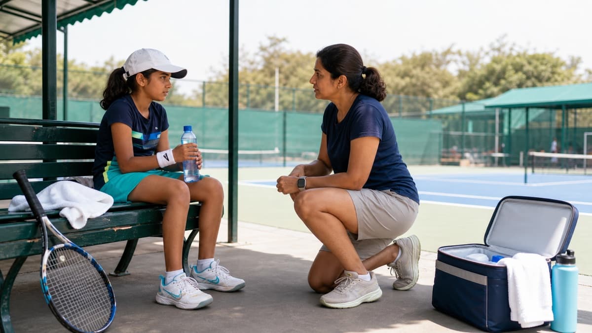 A junior player resting with water in a shaded courtside area while a parent checks in nearby.