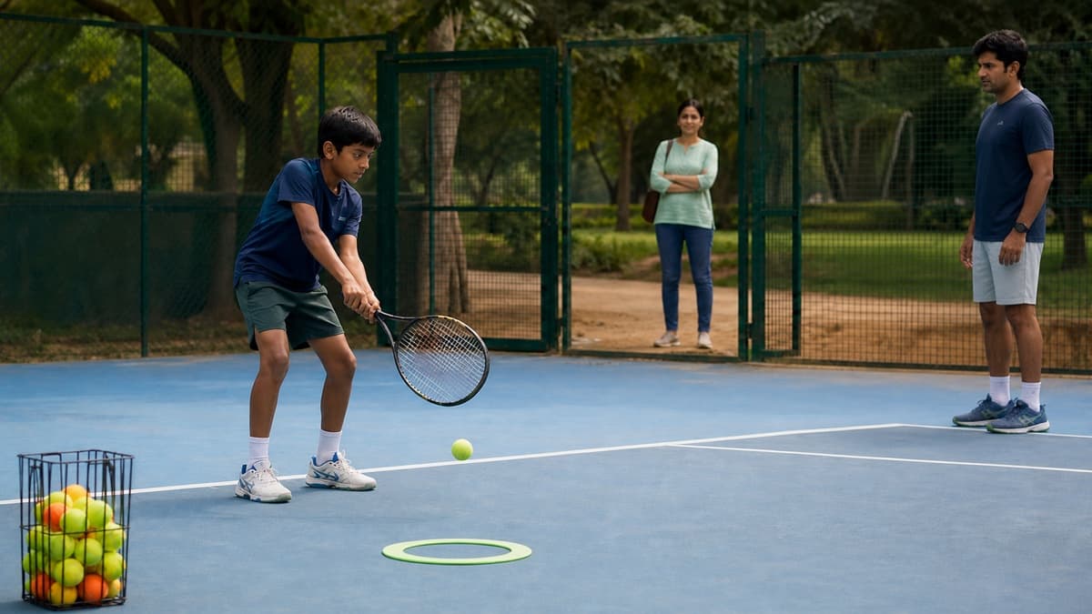 A junior player completing a target activity with a coach on an open court while a parent watches from outside the gate.