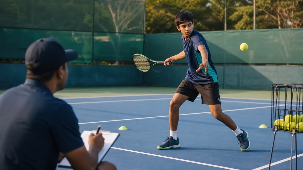 A junior player practising a balanced forehand while a coach records observations from the sideline.