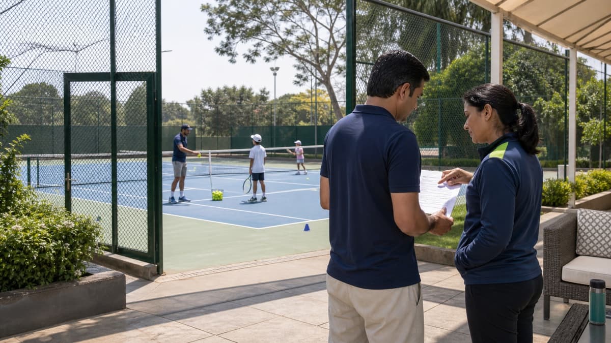 A parent reviewing a policy with an academy lead beside an open court gate with a visible group session.