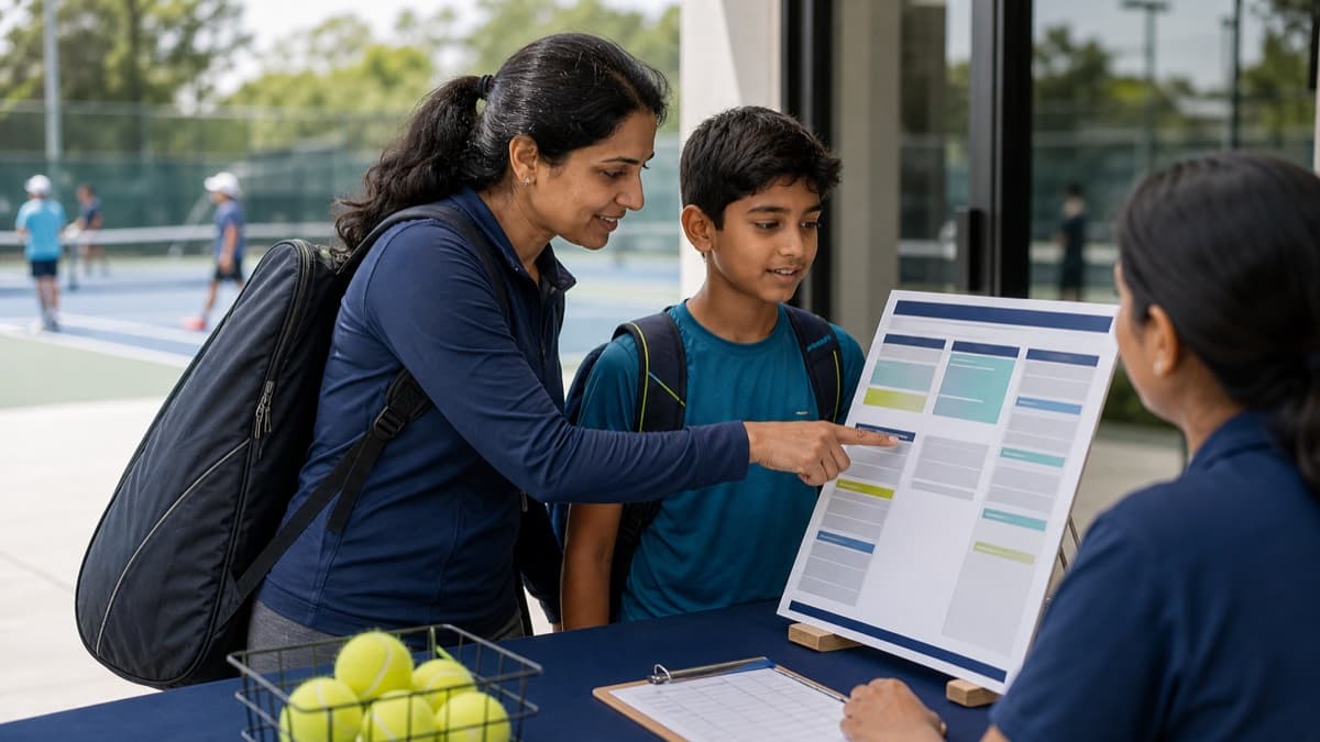 A parent and junior player reviewing event information at a local tennis tournament check-in desk.