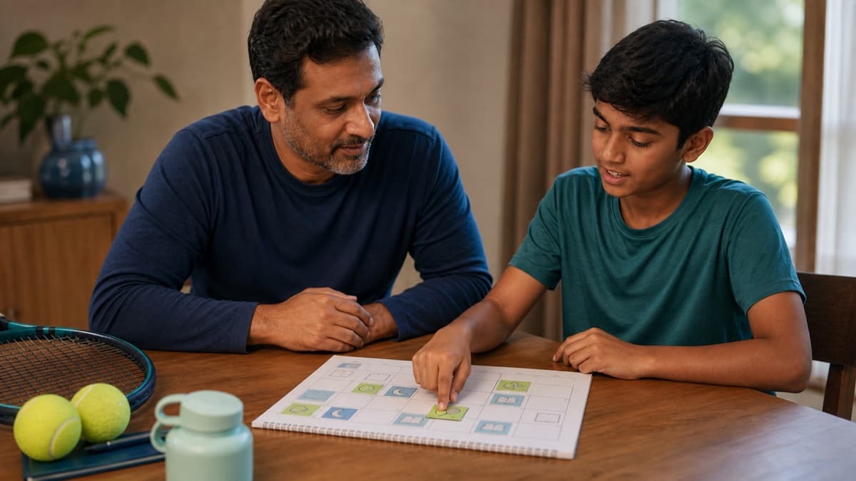 A parent and junior player reviewing a weekly calendar at home with tennis equipment nearby.
