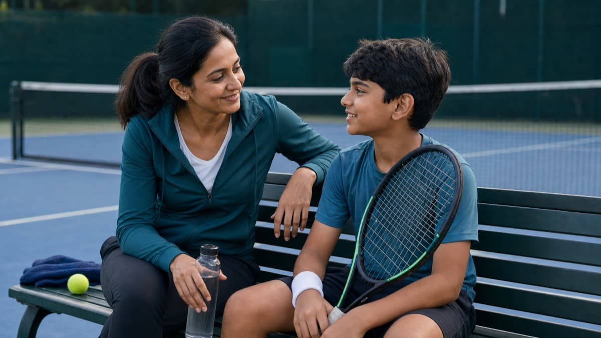 A parent listening to a junior player during a quiet conversation beside the court.