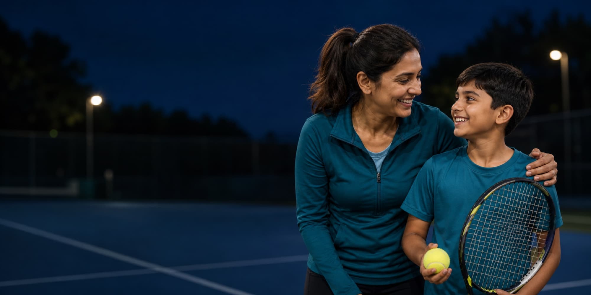 A parent and junior player smiling together beside a tennis court after practice.